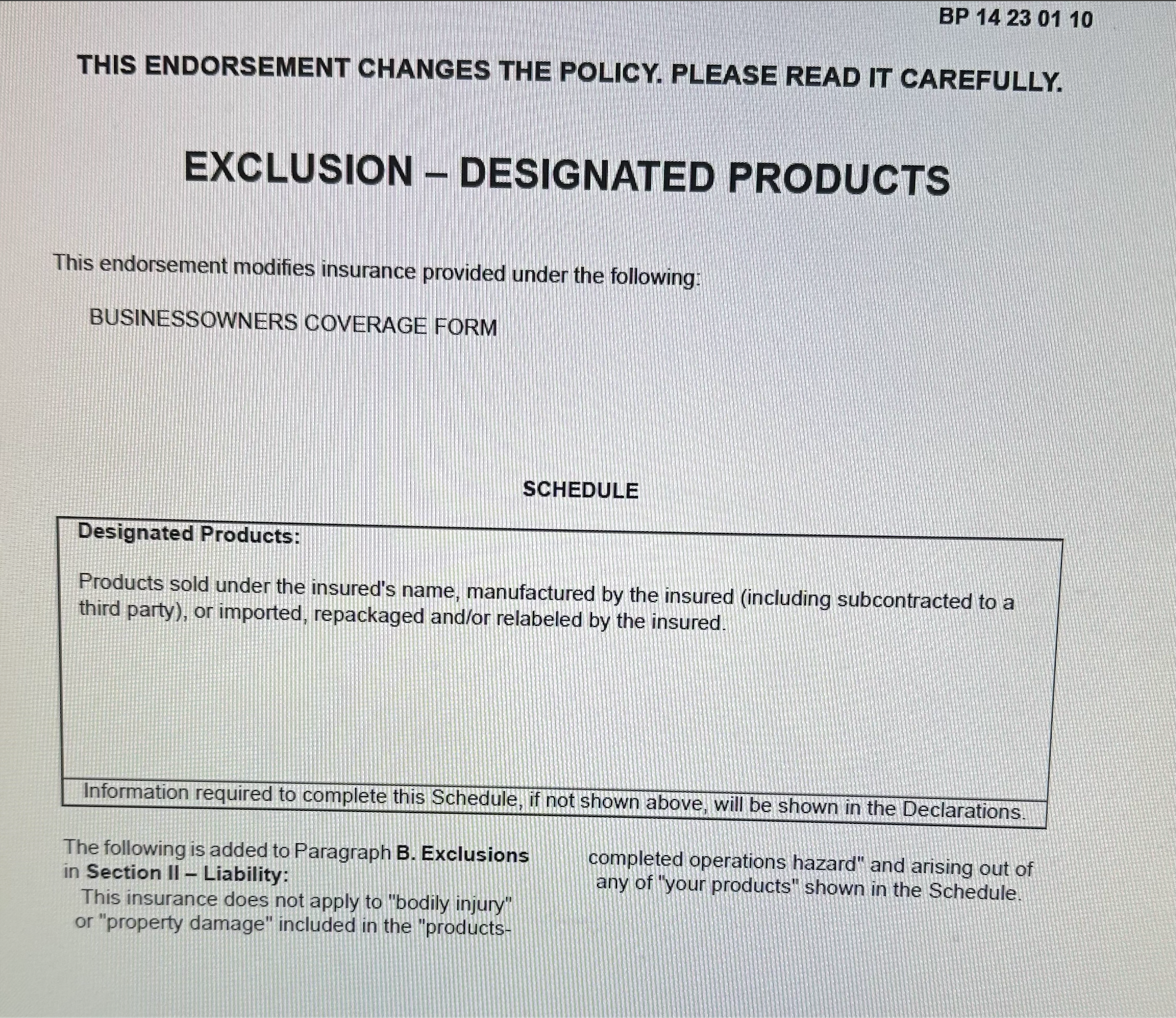 Insurance endorsement showing Exclusion - Designated Products that removes coverage for products sold by the insured