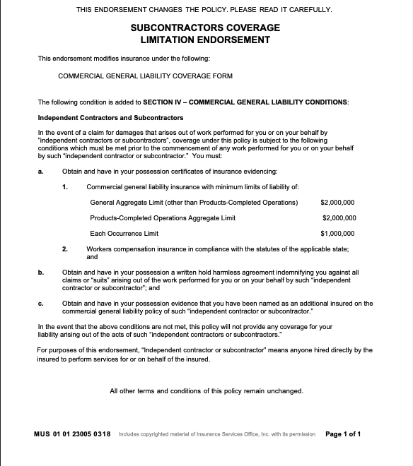 Subcontractor warranty endorsement example showing soft and hard hammer clause requirements in a CGL policy